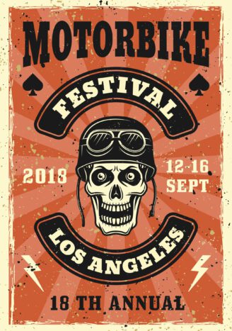 Motorbike festival vector colored poster in vintage style with skull in biker helmet