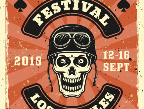 Motorbike festival vector colored poster in vintage style with skull in biker helmet