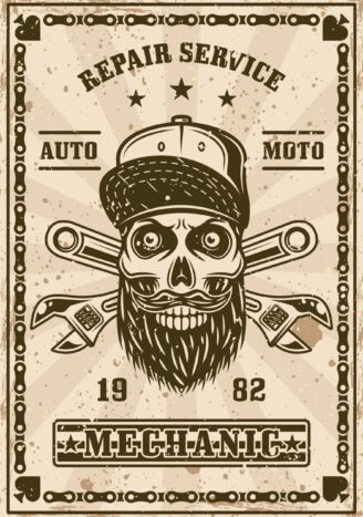 Bearded skull in cap and crossed adjustable wrenches poster in vintage style vector illustration. Layered, separate grunge textures and text