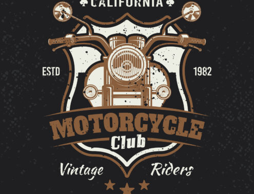 Motorcycle colored vintage emblem or t-shirt print on dark background. Vector illustration with removable grunge textures